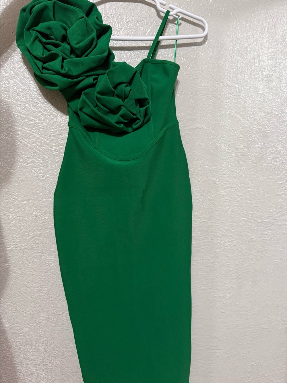 Fashion Nova Emerald One-Shoulder Rosette Bodycon Dress